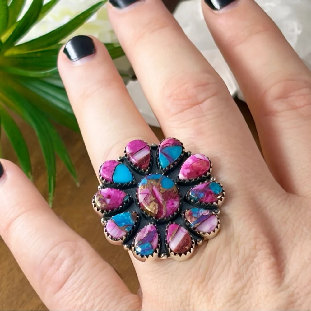 Pure Sterling Silver 925 Pink Dahlia Turquoise Cluster Ring 7 1/4 Navajo Style - Picture 3 of 11